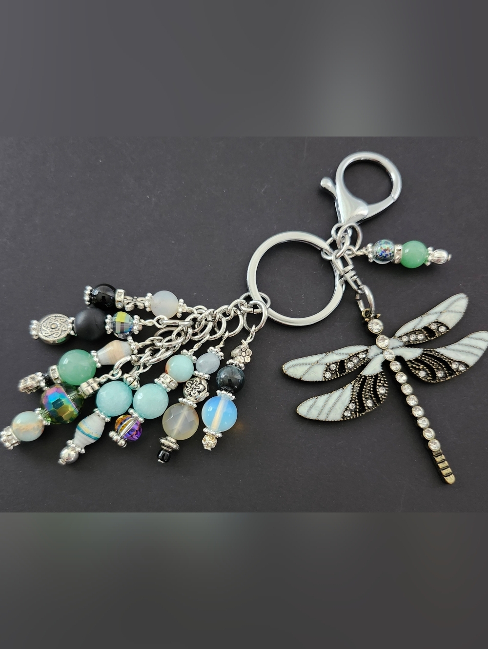 14.  Dragonfly Purse Charm or Keychain Opal Aventurine Stone Paper Handcrafted